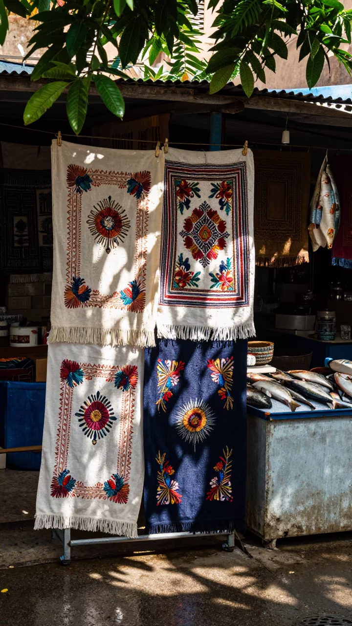 Embroidered Tablecloths Hanging in Aswan Flea Market in beside a fish counter in Aswan