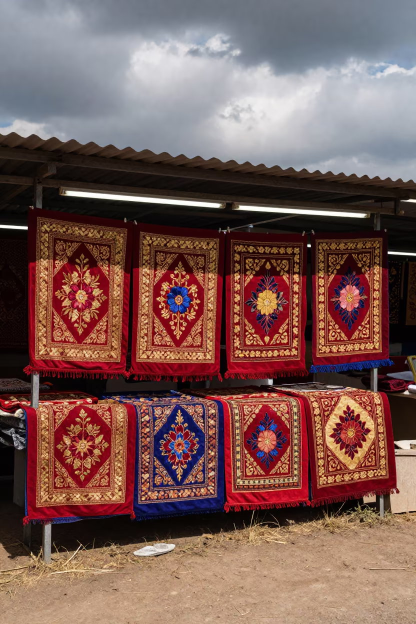 Embroidered Tablecloths in Pali Market Dawn Light in at a market stall in Pali