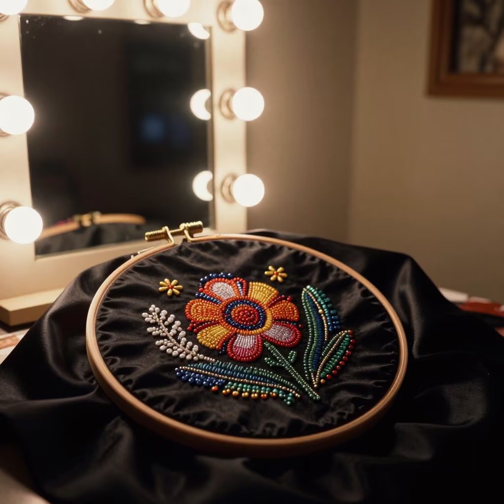Embroidery Hoop and Beads on Black Satin in beside a mirror lined with makeup bulbs in Houston