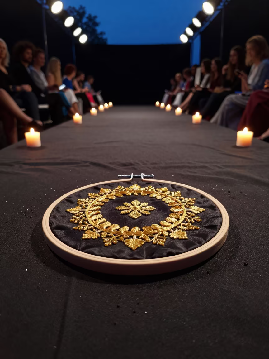 Embroidery Hoop and Beads on Black Satin in under runway rehearsal lights in Minsk