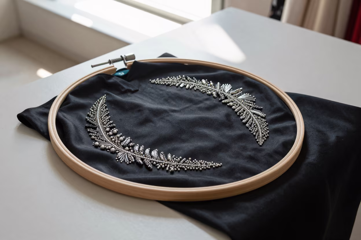 Embroidery Hoop and Beads on Satin in Xiamen Atelier in inside a couture atelier in Xiamen