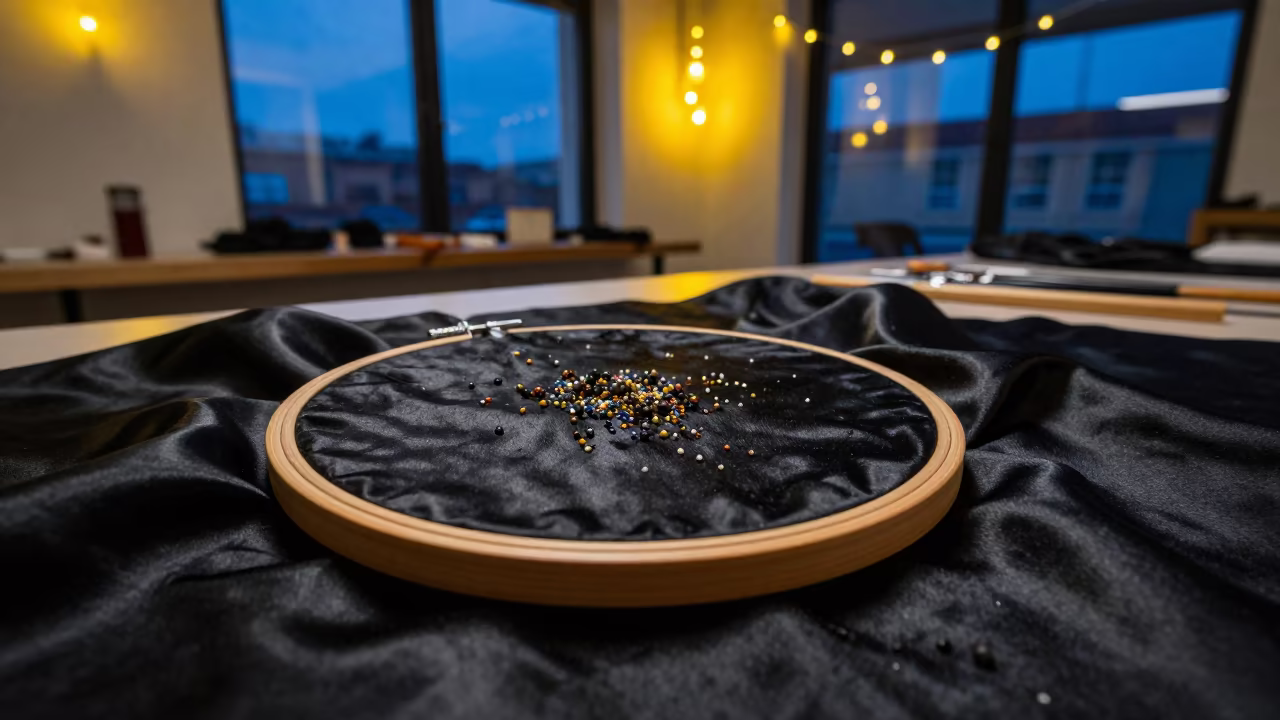 Embroidery Hoop and Beads in Tianjin Atelier in inside a couture atelier in Tianjin