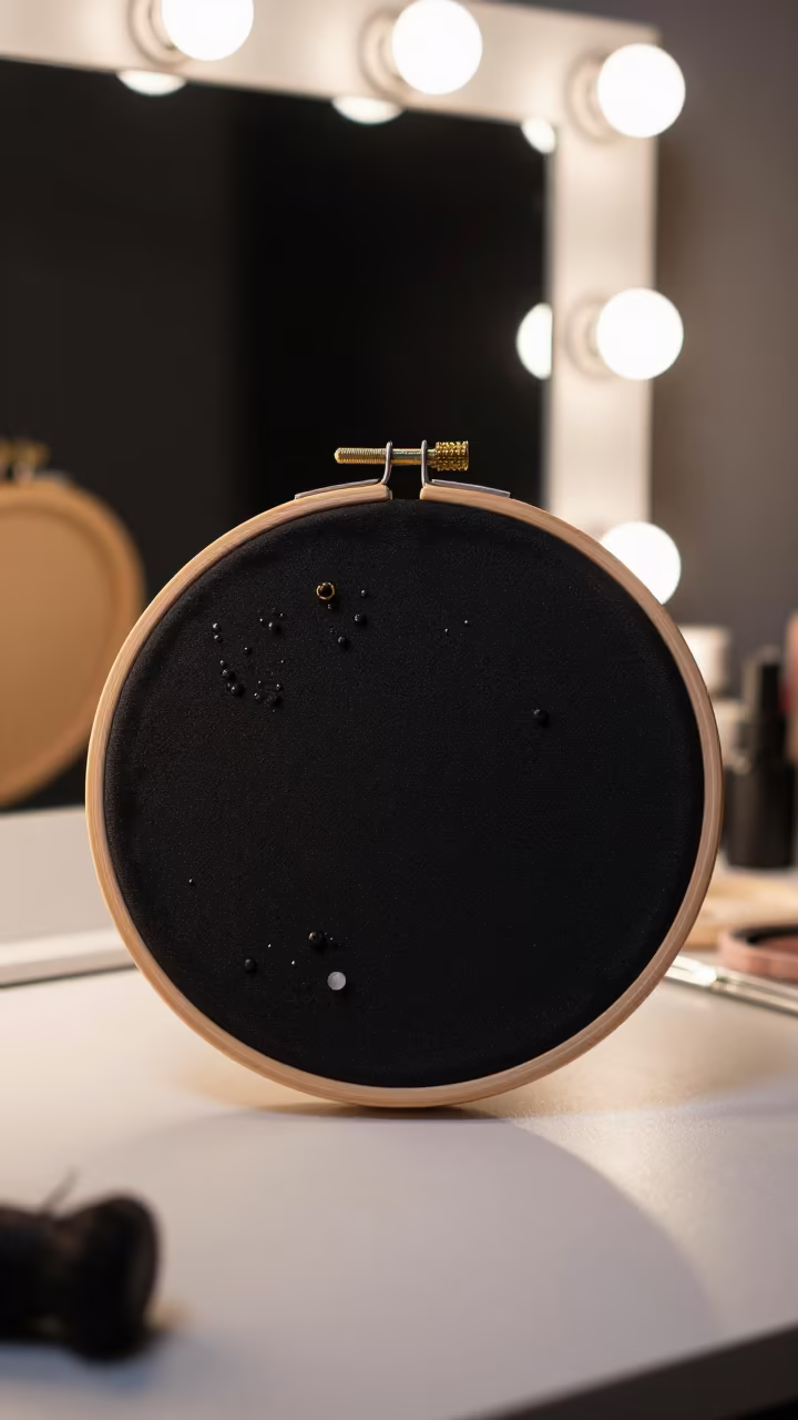 Embroidery Hoop on Black Satin Manila Night in beside a mirror lined with makeup bulbs near Escolta, Manila