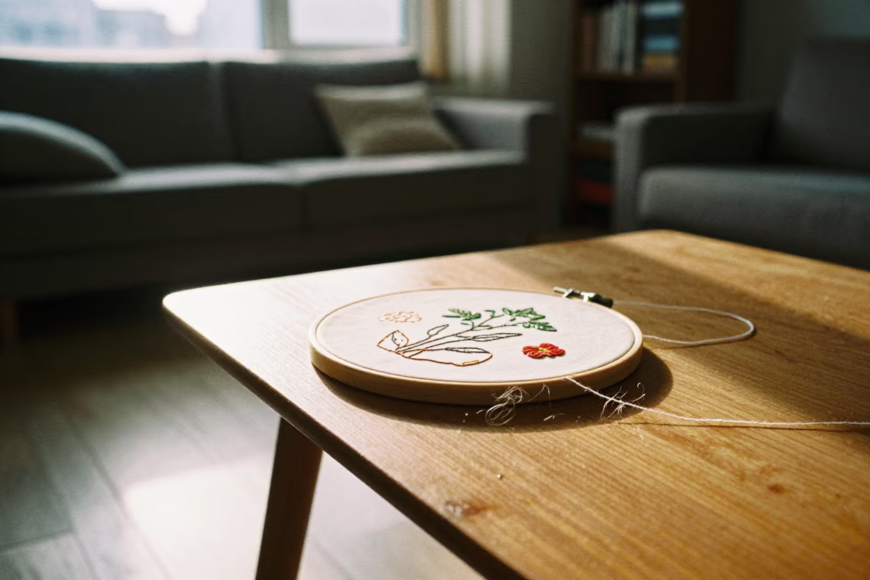 Embroidery Hoop on Cutting Table Before Dawn in in a sunlit living room near Gangnam, Seoul