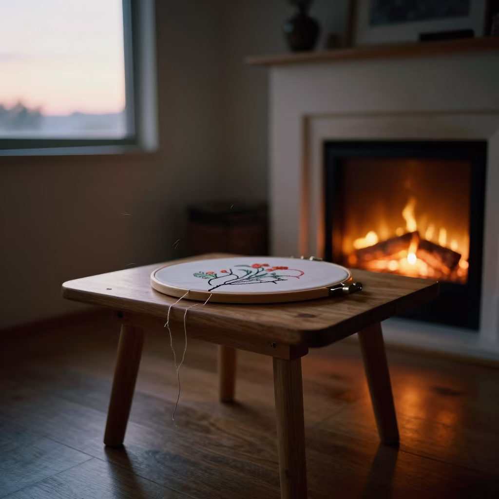 Embroidery Hoop on Cutting Table by Fireplace in by a crackling fireplace in Taichung