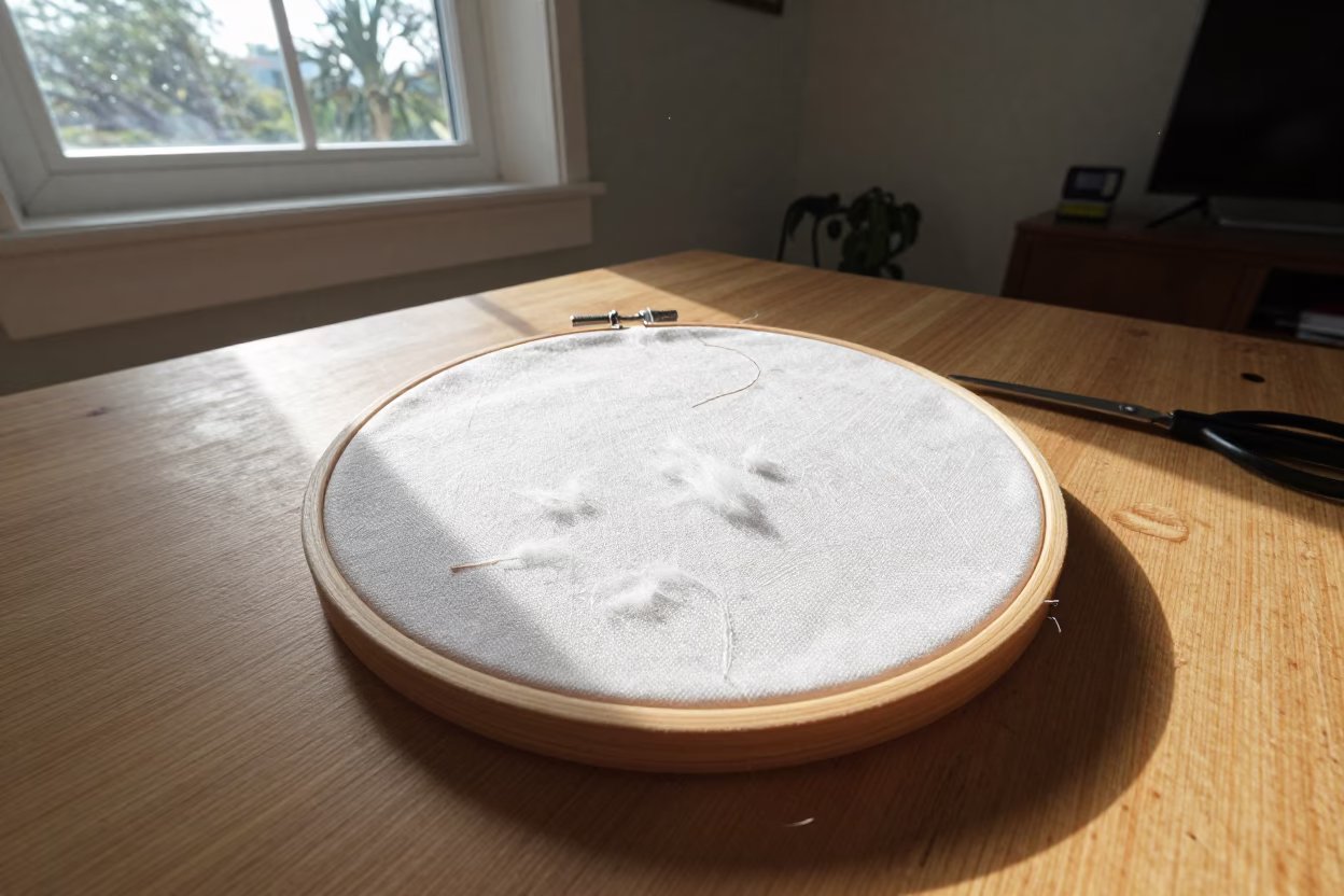 Embroidery Hoop on Cutting Table in Kosti Living Room in in a sunlit living room in Kosti