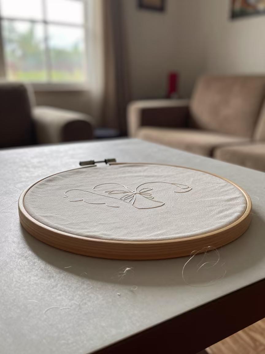 Embroidery Hoop on Cutting Table in Sunlight in in a sunlit living room near Rufisque