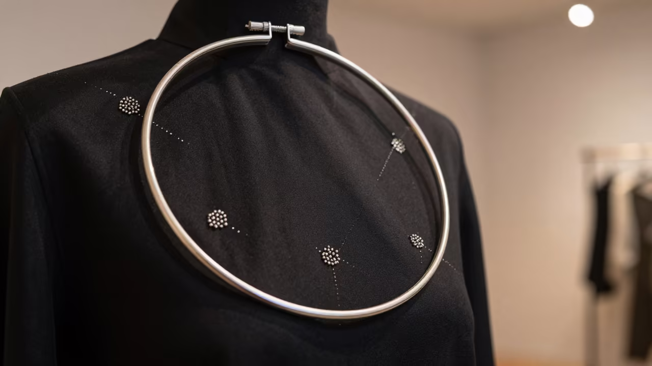 Embroidery Hoop Seed Beads Neon Light Lodz in inside a minimalist showroom in Lodz