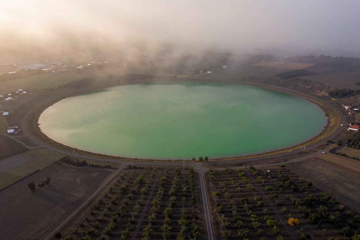 Emerald Caldera Lake in Chilean Winter Mist in far above orchard blocks and irrigation lines in Chile