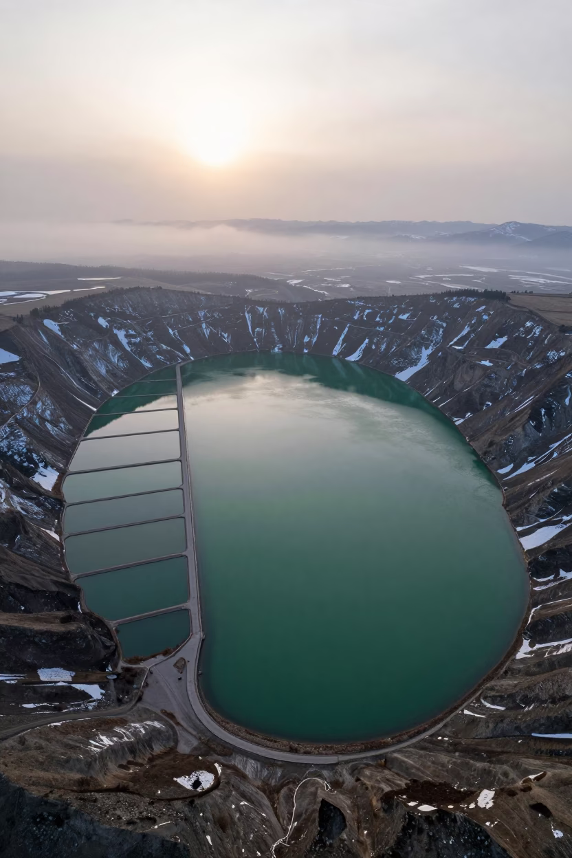 Emerald Caldera Lake Dawn Above Salt Ponds in high over salt ponds and causeways near Almaty