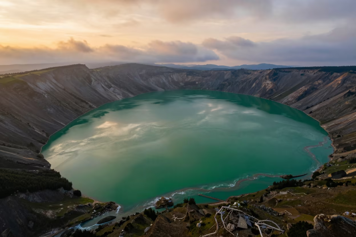 Emerald Caldera Lake Golden Hour Aerial View in high above braided river channels in Tyrol
