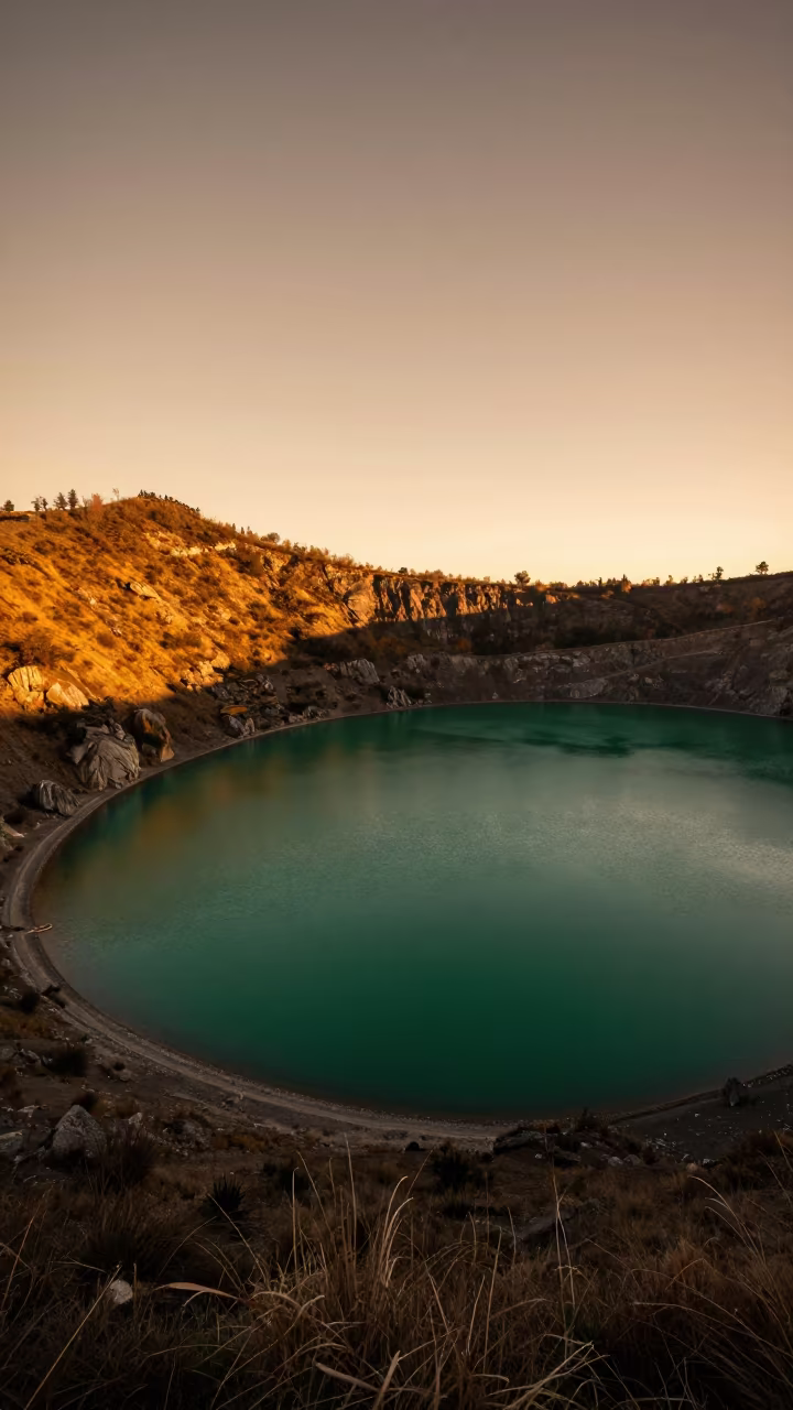 Emerald Caldera Lake Sunset Over Guapulo Shoreline in along a wave-cut shoreline near Guapulo, Quito