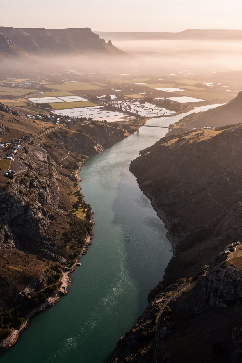 Emerald Fjord Aerial View Before Dusk in high over salt ponds and causeways near Stellenbosch