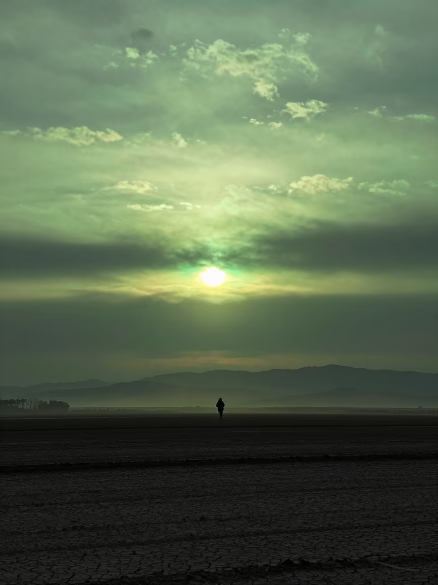 Emerald Flash at Sunset Over Winter Kanto Plain in across a storm-bright plain in Kanto