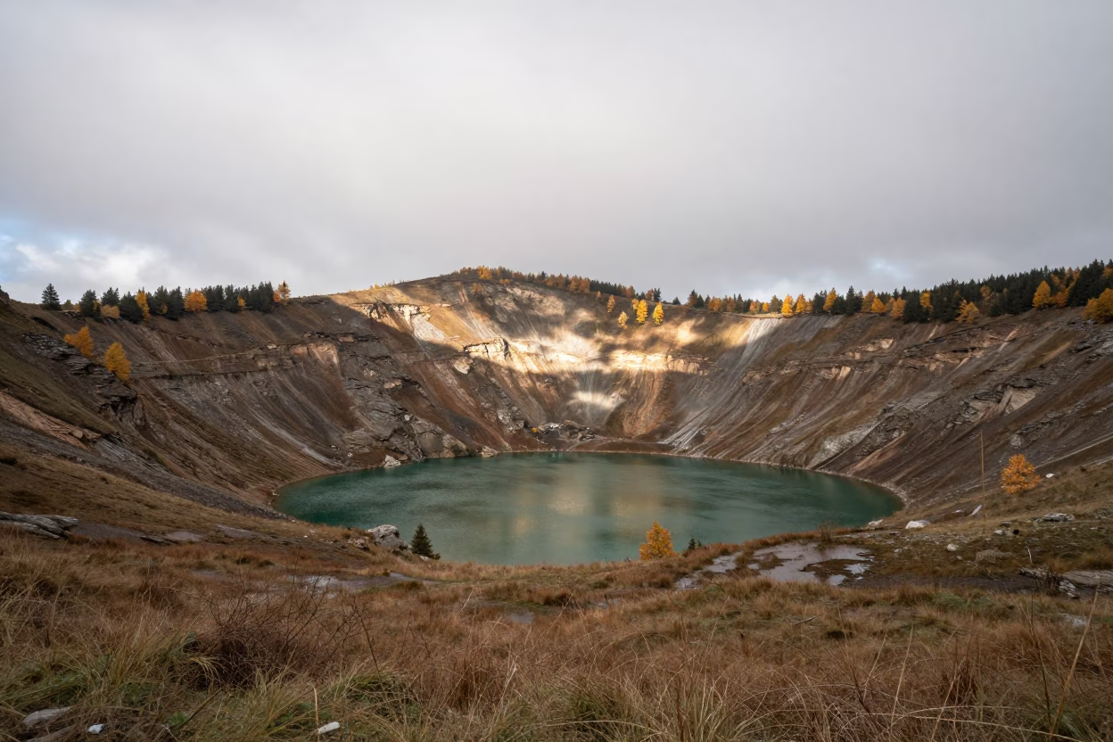 Emerald Lake in Volcanic Crater Autumn Austria in across a floodplain after rain in Austria