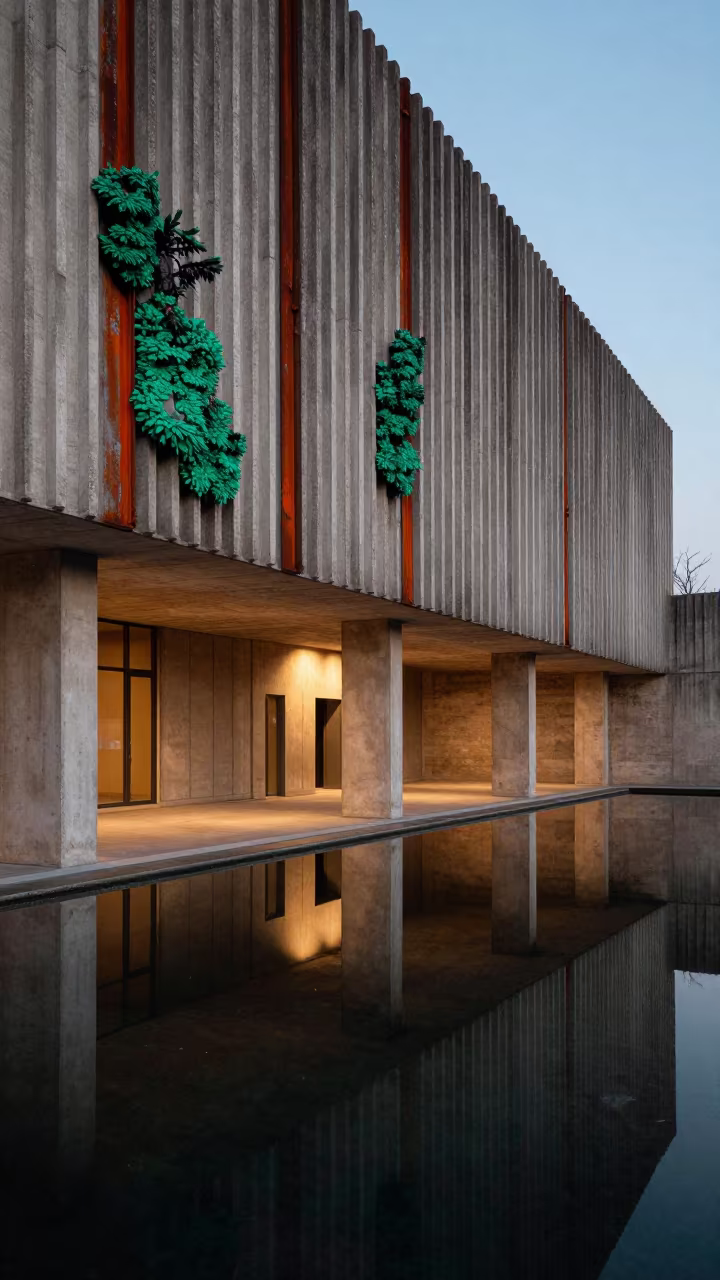 Emerald Lichen on Rust Iron Floor Water in inside a ribbed concrete lobby in Menilmontant, Paris