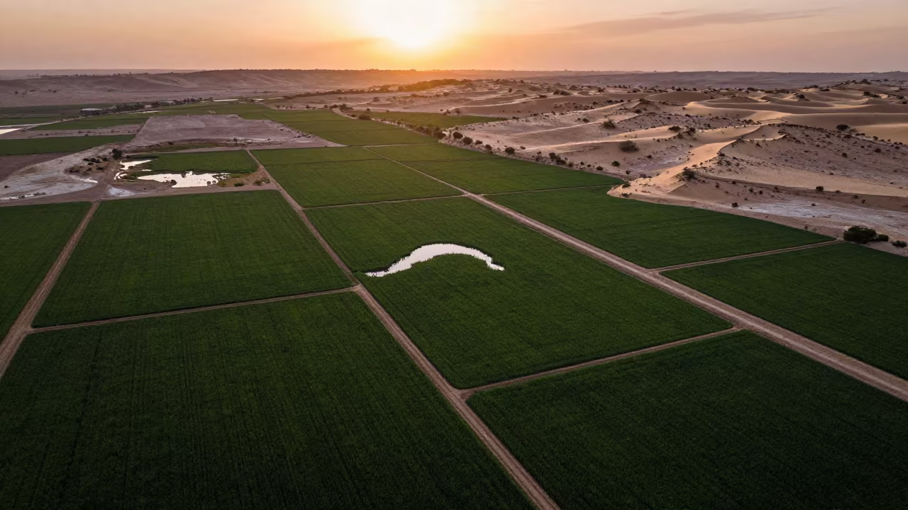 Emerald Rice Paddies Above Syrian Wadis in above dune fields and dry wadis in Syria