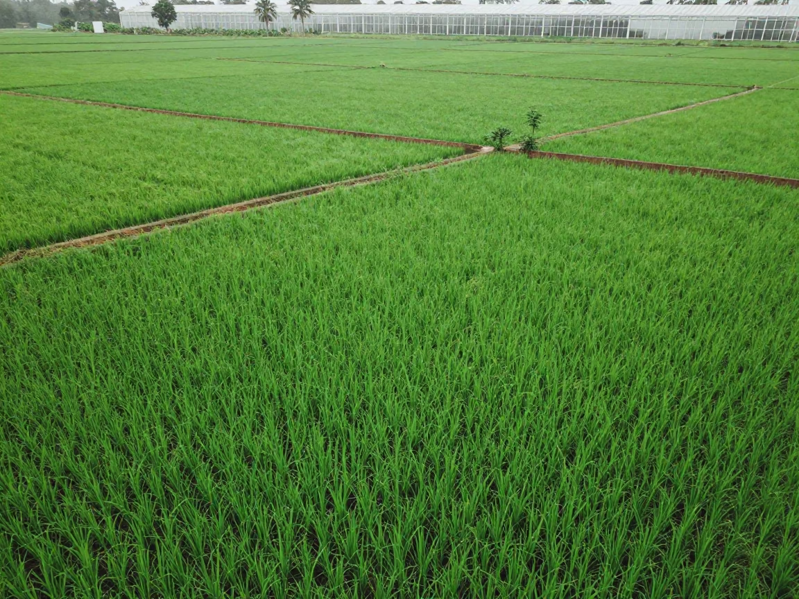 Emerald Rice Paddy Patchwork Aerial View in high over greenhouse grids near Okene