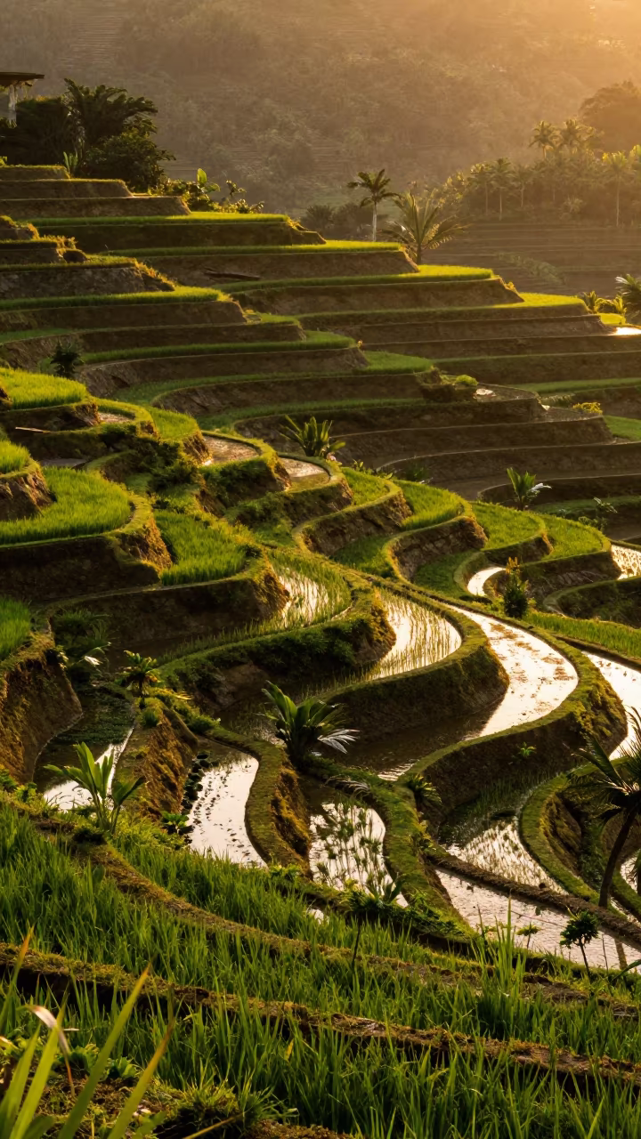 Emerald Rice Terrace Curve in Costa Rican Sunset in along freshly irrigated rows in Costa Rica