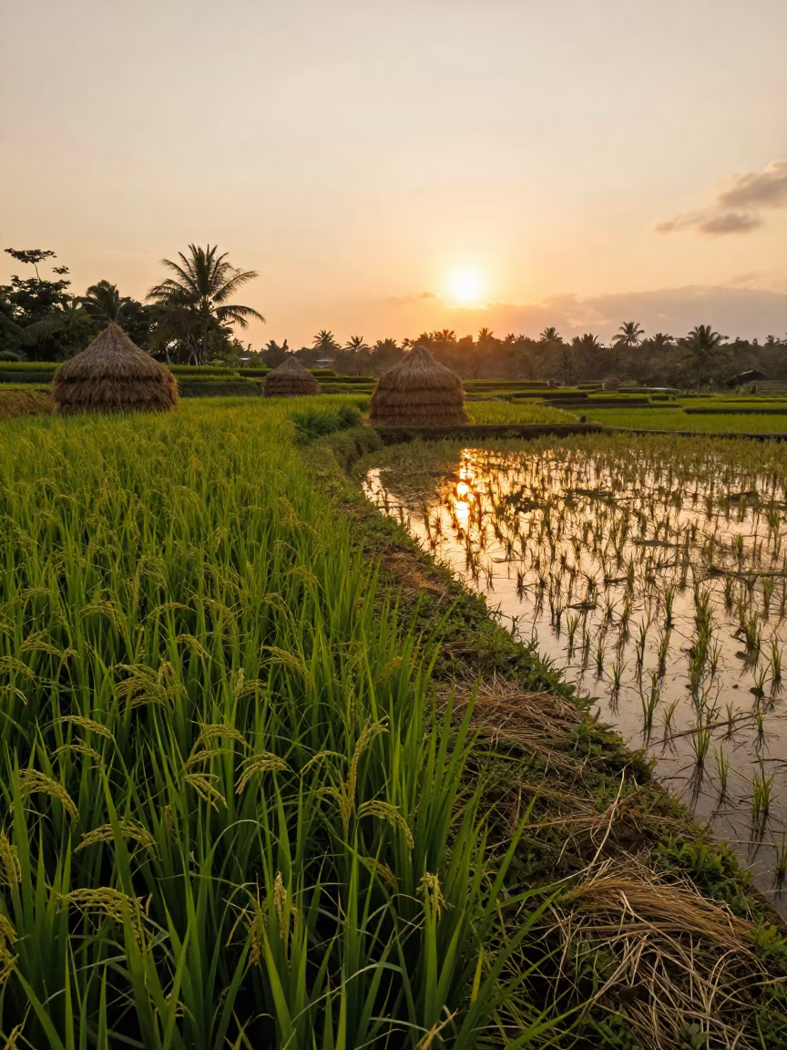 Emerald Rice Terrace Curve After Monsoon Sunset in beside stacked hay bales in Dominican Republic