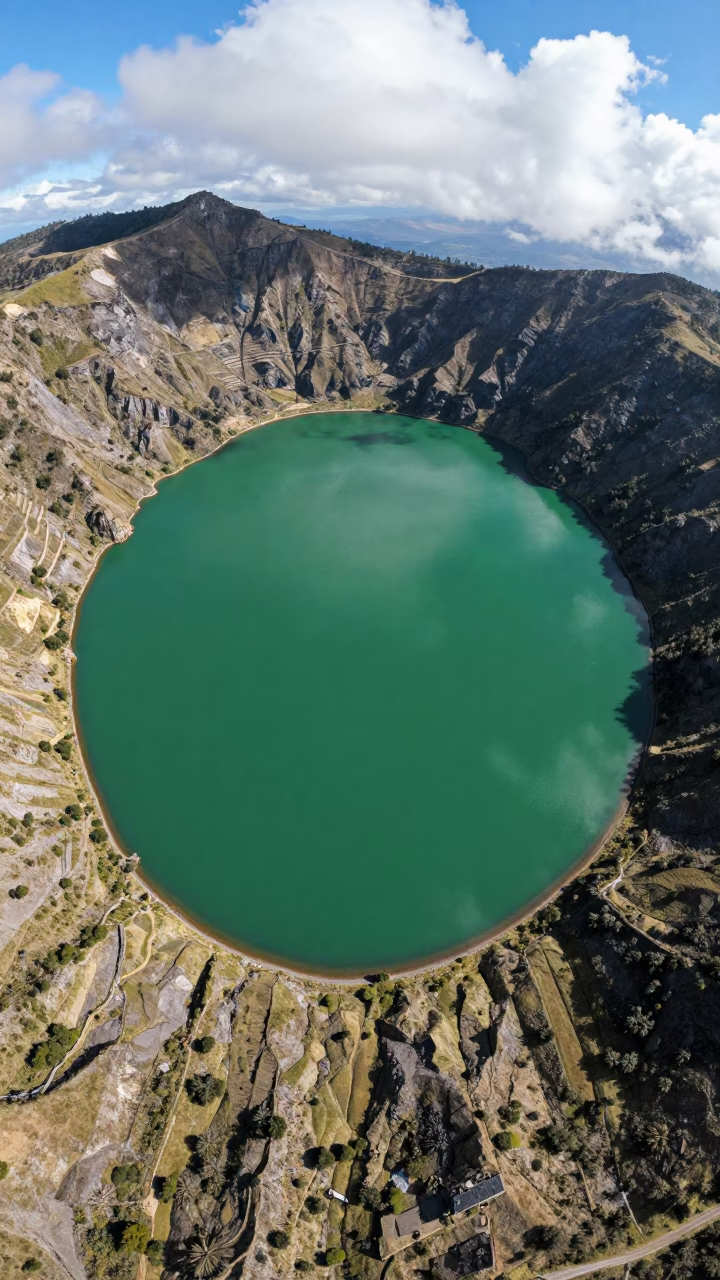 Emerald Volcanic Caldera Lake Aerial Ecuador in far above terraced hillsides in Ecuador