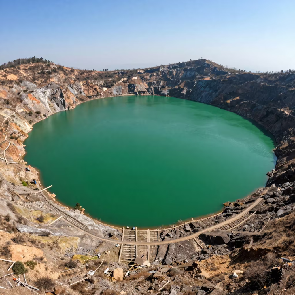 Emerald Volcanic Caldera Lake Aerial View in high above irrigation geometry in Uttarakhand