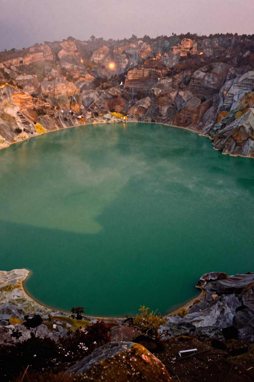 Emerald Volcanic Caldera Lake in Autumn Mist in near Kathmandu