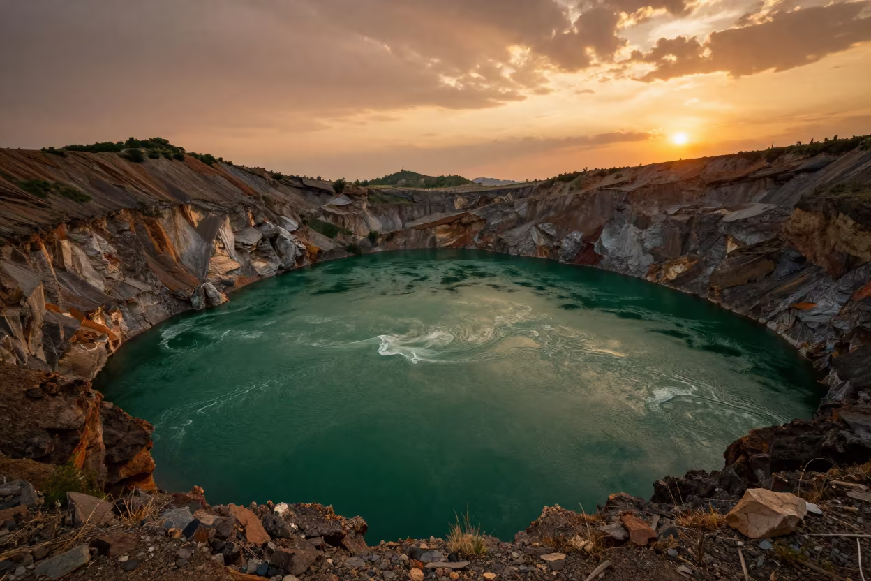 Emerald Volcanic Caldera Lake Before Dusk in near Bishkek