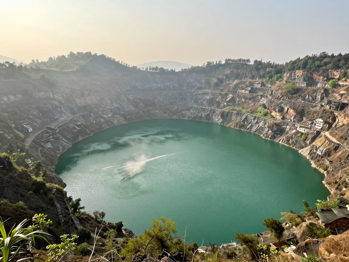 Emerald Volcanic Caldera Lake at Dawn Near Swayambhu in across a wide valley floor near Swayambhu, Kathmandu