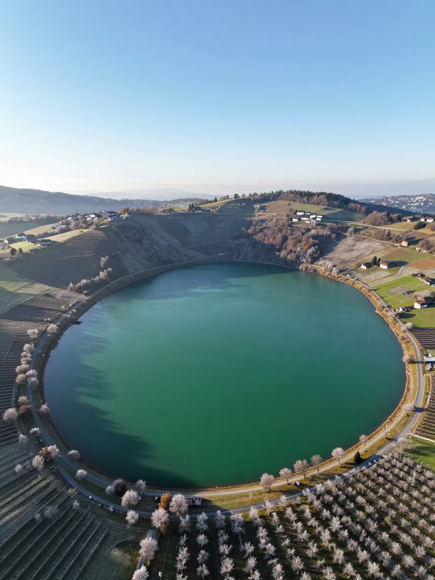 Emerald Volcanic Caldera Lake Winter Dawn in far above orchard blocks and irrigation lines in Switzerland