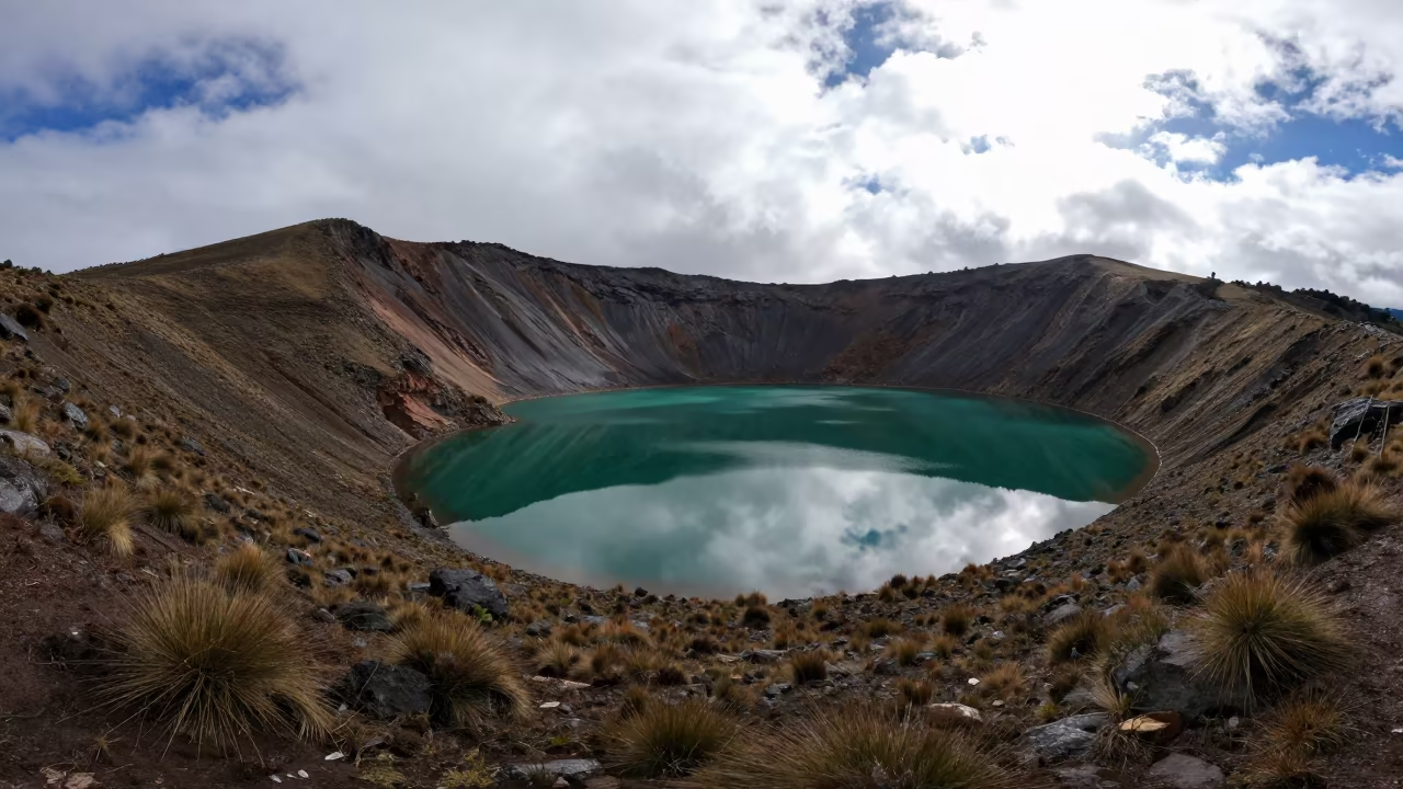 Emerald Volcanic Lake Reflected in Floodplain in across a floodplain after rain in Peru