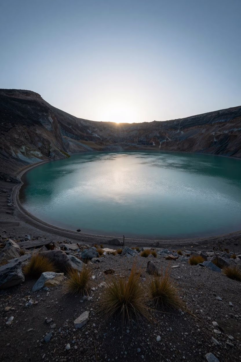Emerald Volcanic Lake Silhouetted in Cold Dawn in along a wave-cut shoreline near Lhasa