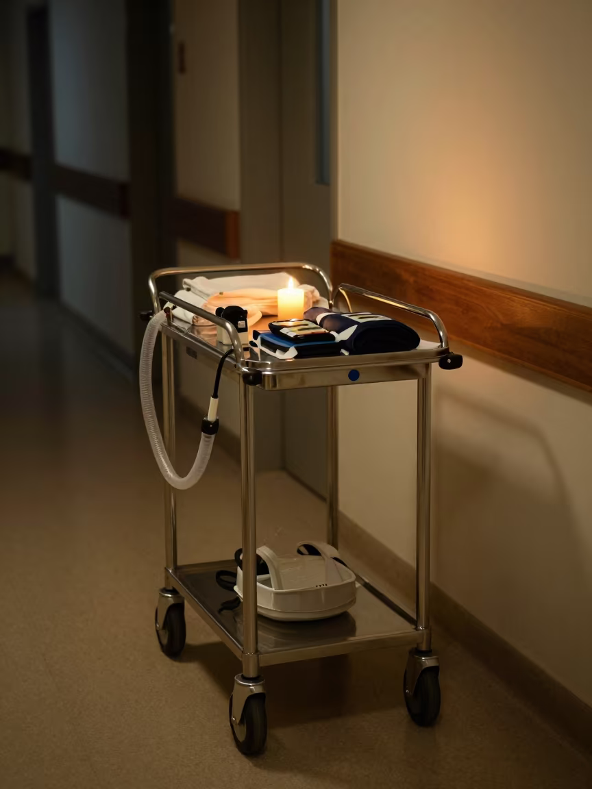 Emergency Crash Cart Night Jaramana Hospital in inside a hospital corridor near Jaramana