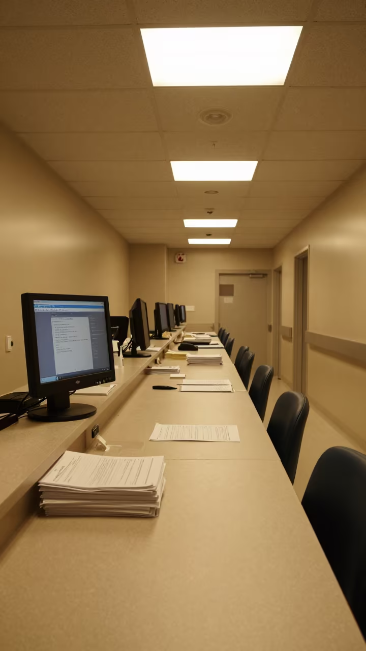 Emergency Desk in Matamoros Under Firelight in inside an imaging suite in Matamoros