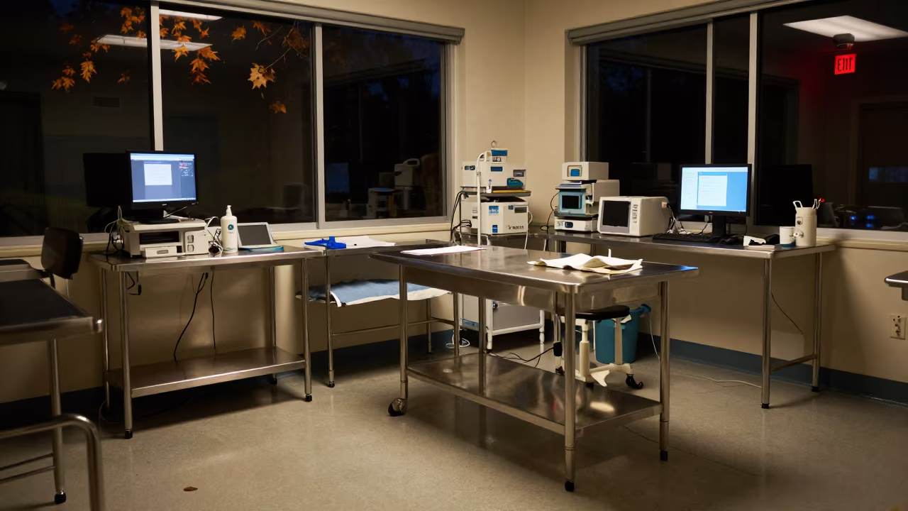 Emergency Desk Under Night Fluorescent Lights in in a surgical prep area in San Diego