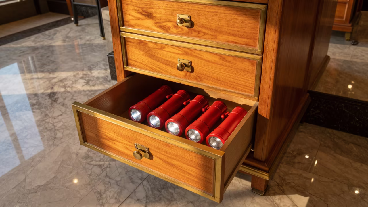 Emergency Flashlight Drawer in Taipei Hotel Lobby in inside a hotel lobby in Taipei