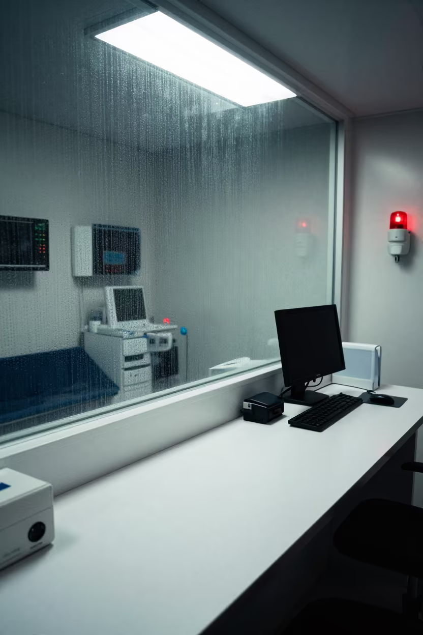 Emergency Intake Desk Tepic Night Fluorescent in inside a clinic exam room in Tepic