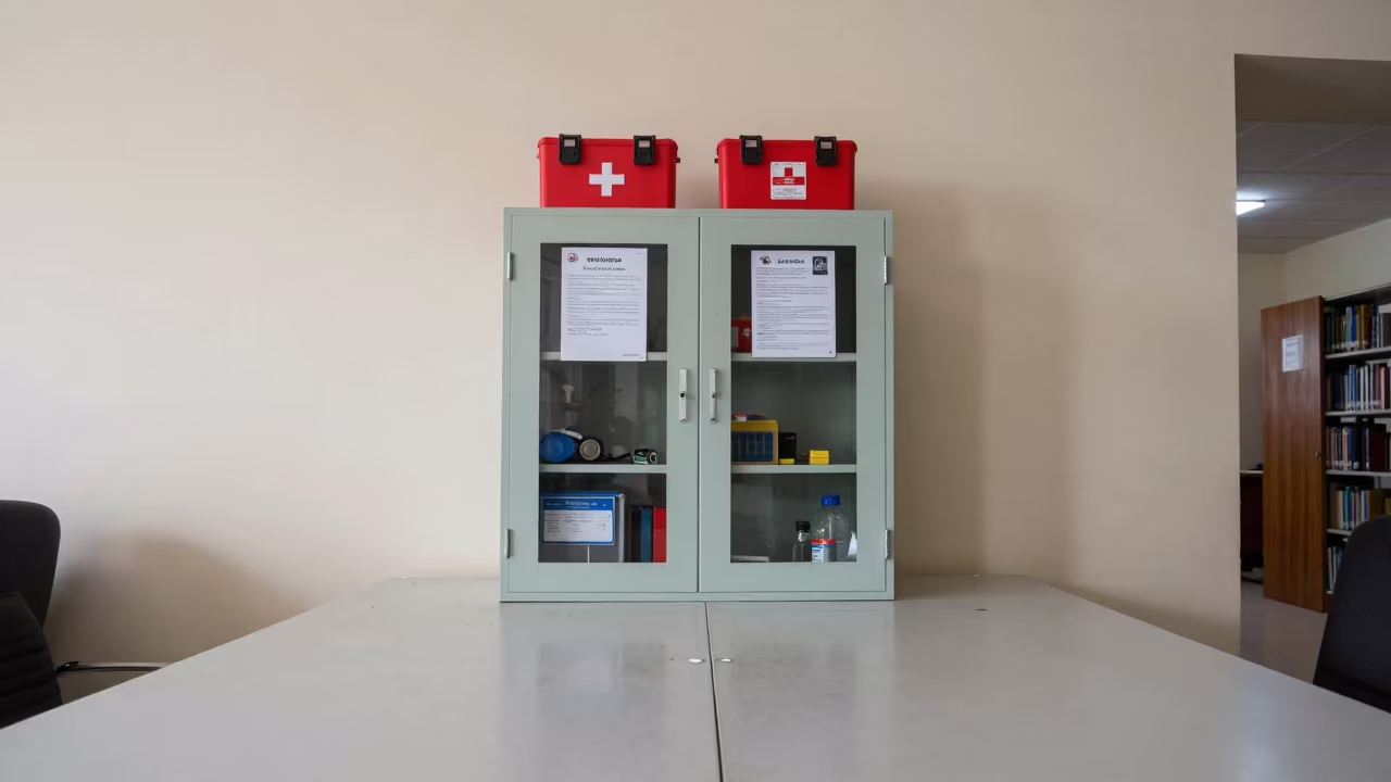 Emergency Kit Cabinet on Library Table Bamako in on a dusty library table in Bamako