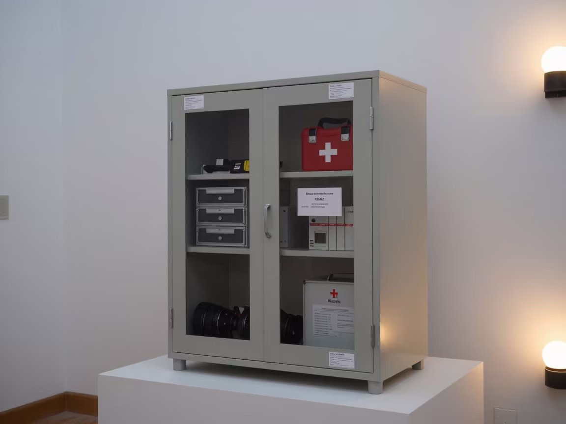 Emergency Kit Cabinet on Museum Plinth at Dawn in on a museum plinth near Novi Sad