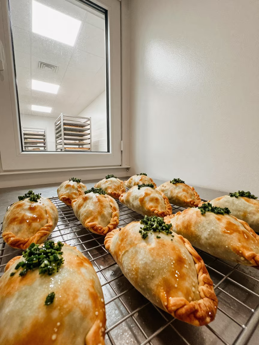 Empanadas with Chimichurri on Surreal Indoor Window in on a bakery cooling rack in Isla Margarita