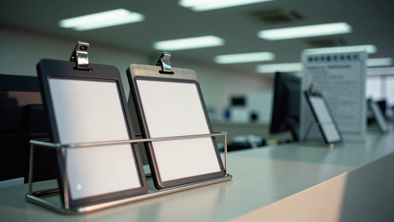 Empty Badge Rack in Naha Operations Center Before Dawn in in an operations center under monitor glow in Naha