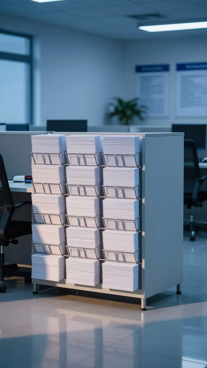 Empty Badge Rack in Winter Office Twilight in inside an open-plan office bay near Kotri