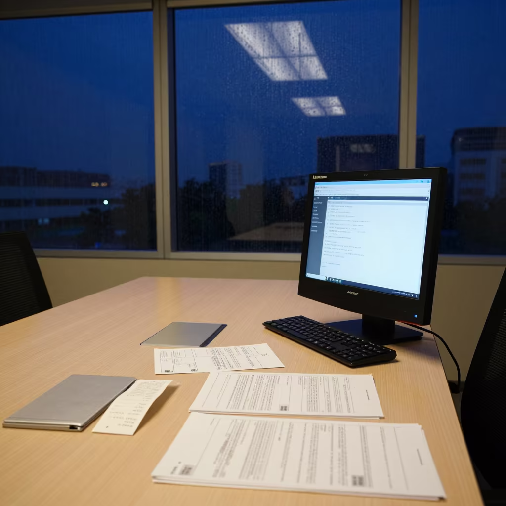Empty Boardroom Desk Night Singapore Monsoon in at a boardroom table before a meeting in Singapore