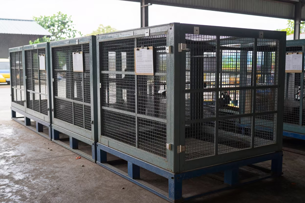 Empty Cage Repair Pallet in Mogaung Welding Bay in in a welding bay near Mogaung