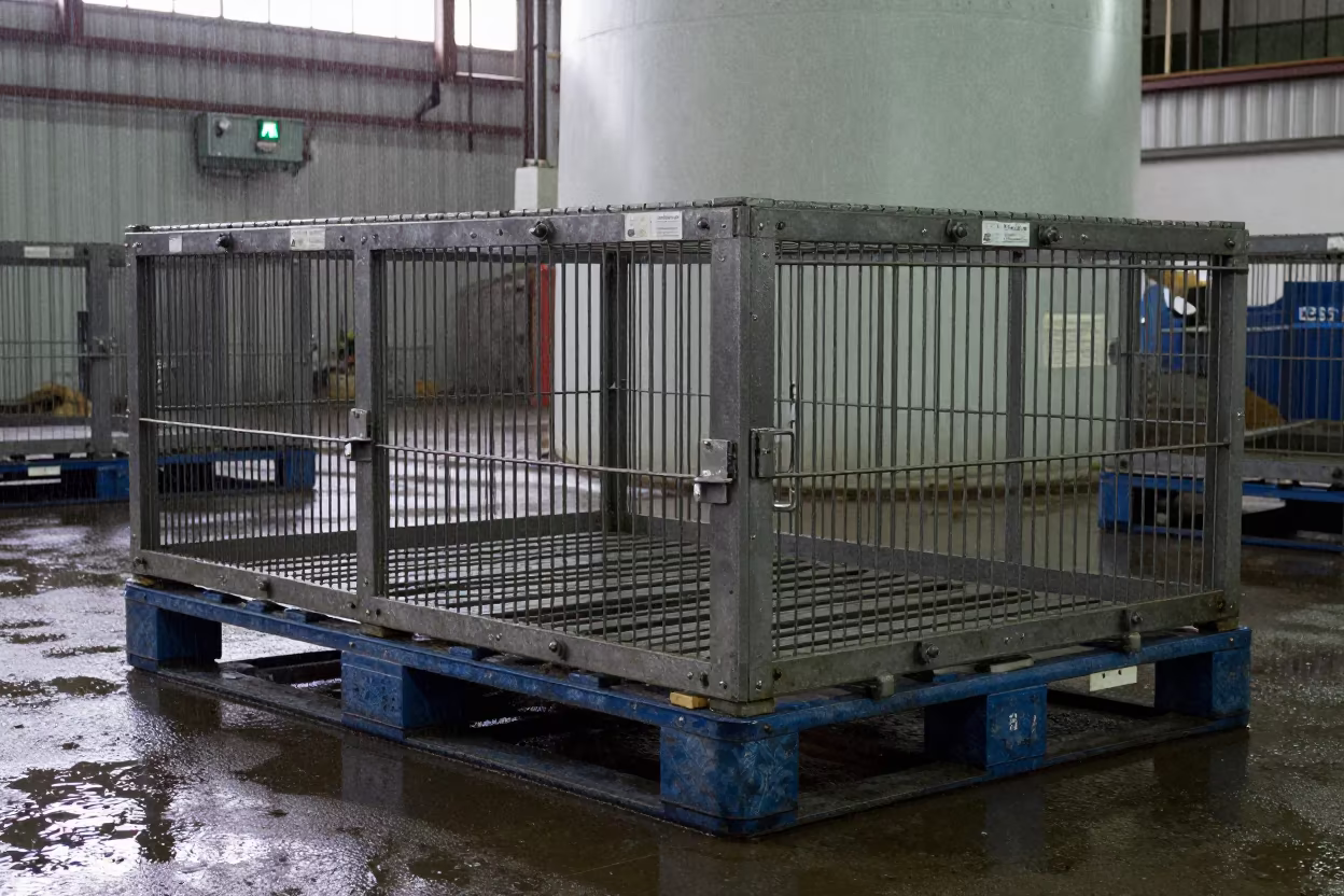 Empty Cage Repair Pallet in Owo Turbine Hall in in a turbine hall near Owo