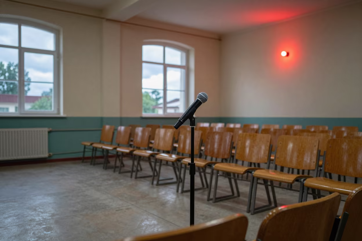Empty Chair Microphone Civic Hearing Night in in a community center hall near Amarah