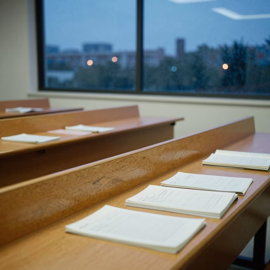 Empty Classroom Desk with Sunlight and Wet Season Notes in at a seminar table covered in notes near Palakkad