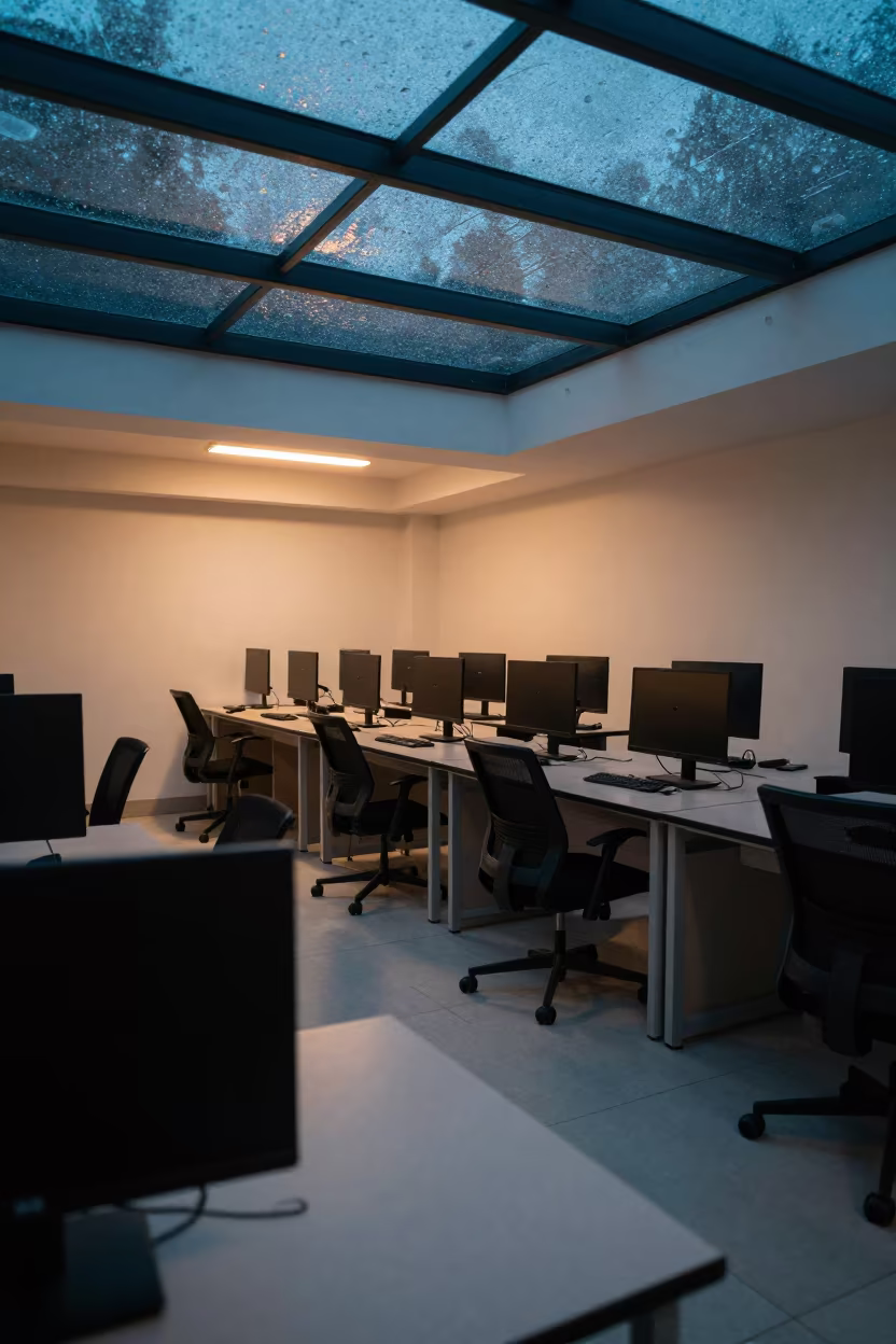 Empty Computer Lab Dusk Rain Light in in a computer lab before lessons near Ichalkaranji