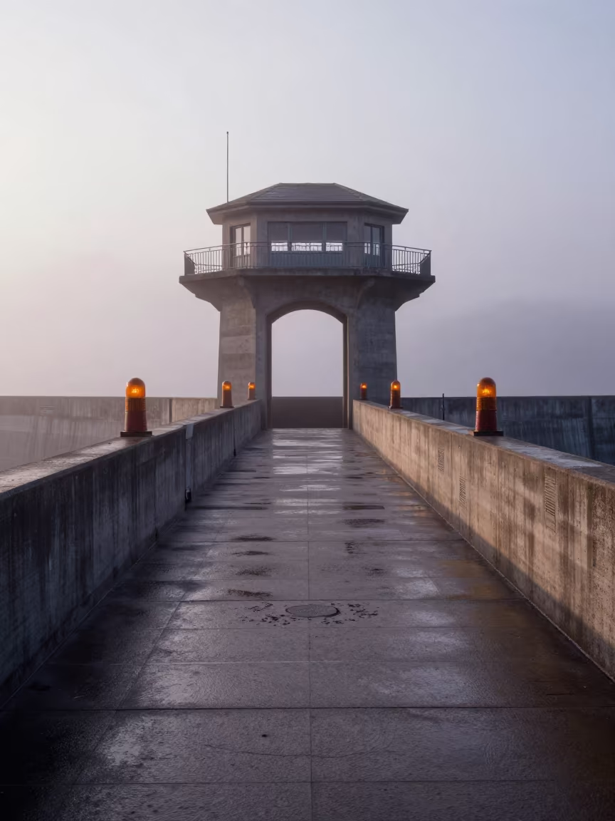 Empty Dam Deck with Amber Beacons Before Dawn in above a spillway chute with spray rising in Liguria