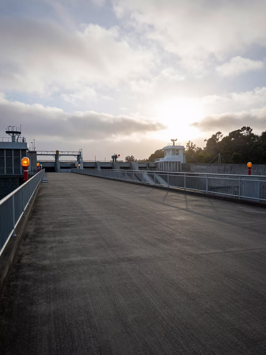 Empty Dam Deck with Amber Beacons at Dawn in beside a hydroelectric intake in Victoria